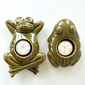 PartyLite Ceramic Frog Tea Light Candle Holder Set Green Speckled Vintage 2pc